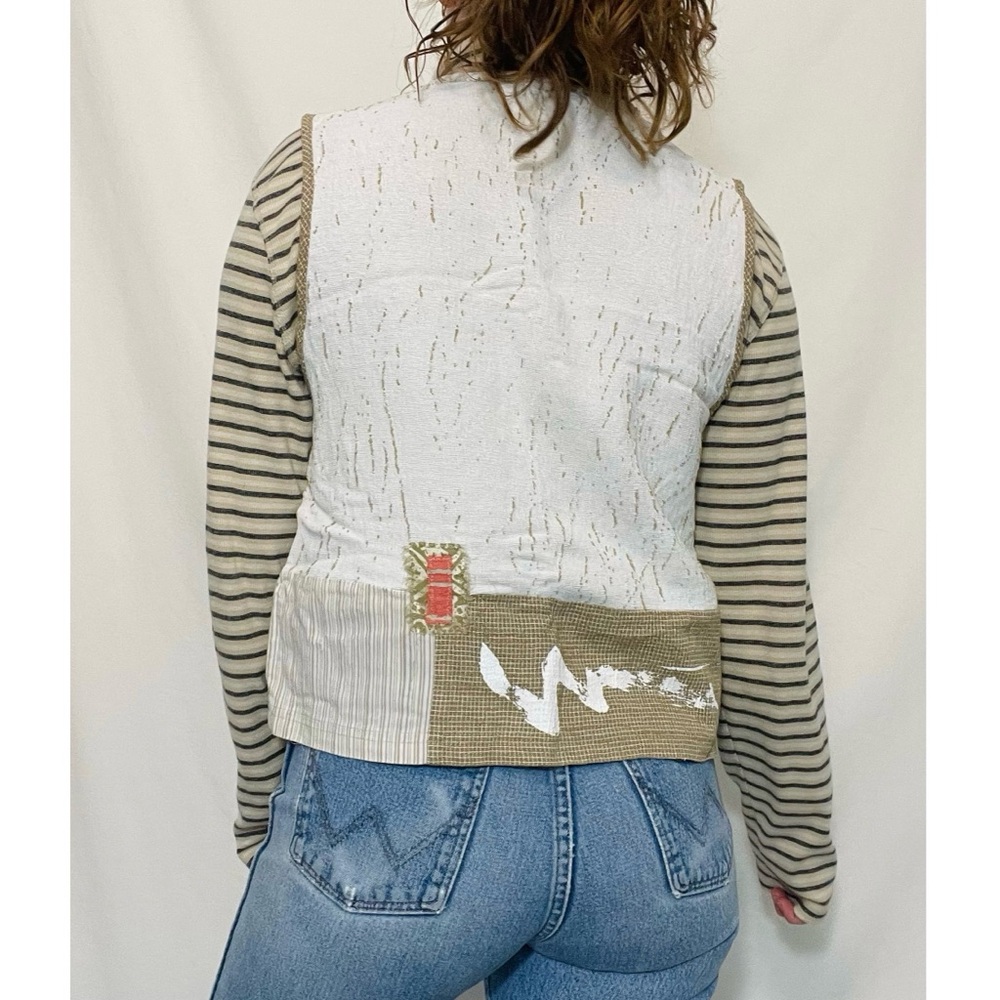 K.d. Spring | 90s Textured Linen Blend Patchwork Style Vest Top - Picture 3 of 8